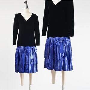 Vintage 80s Black Velvet Metallic Blue Lame Ruffle Hem Dropped Waist Dress Bow S